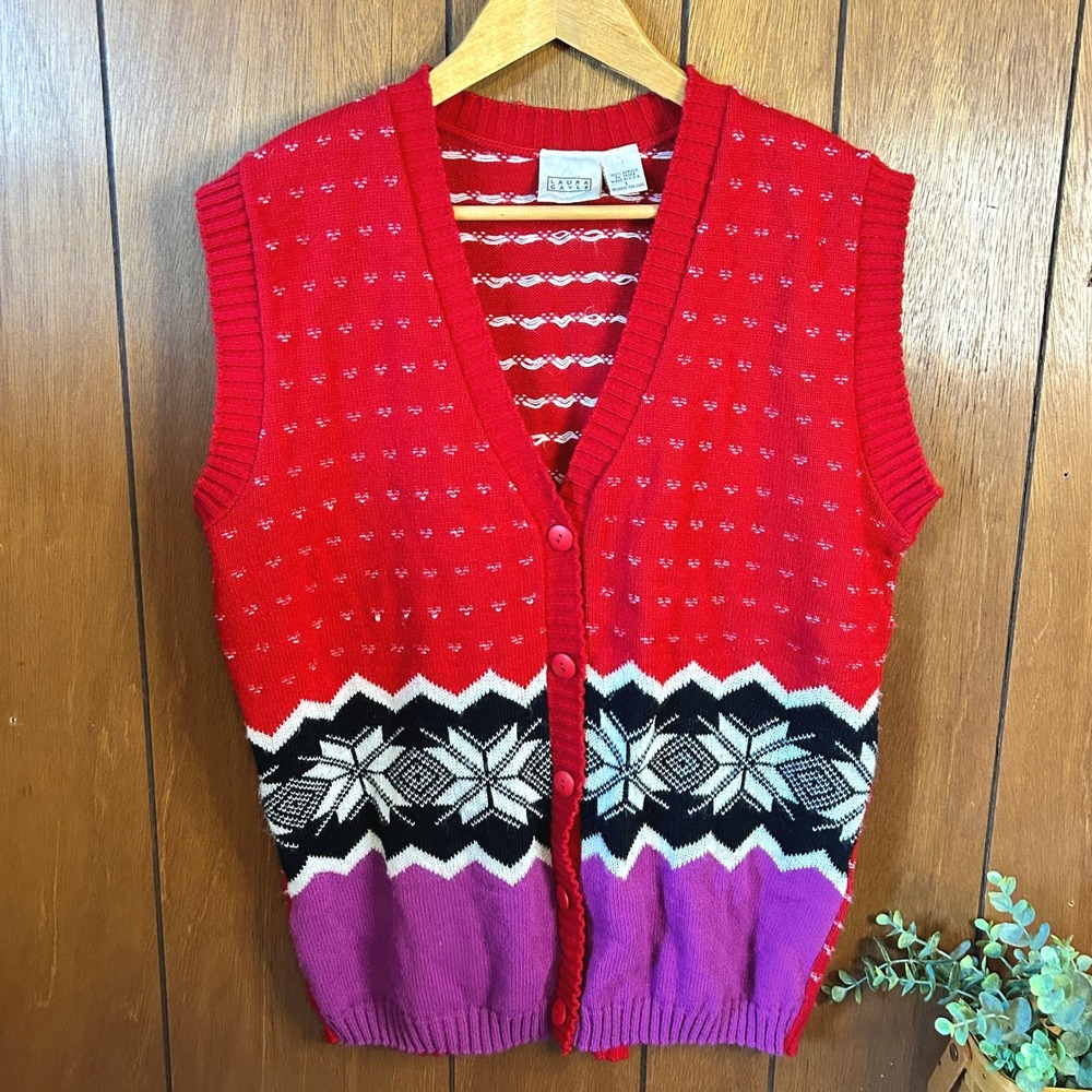Laura Gayle Womens Sweater Vest Size L Red Knit Acrylic Sleeveless Winter